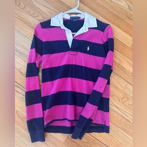 Ralph Lauren Pink & Navy Striped Long Sleeve Rugby Polo